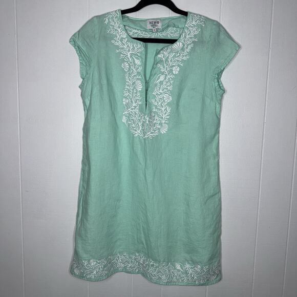 HIHO Tortola BVI Women’s 100% Linen Embroidered Tunic Top Beachy Teal Size Small - Picture 1 of 5